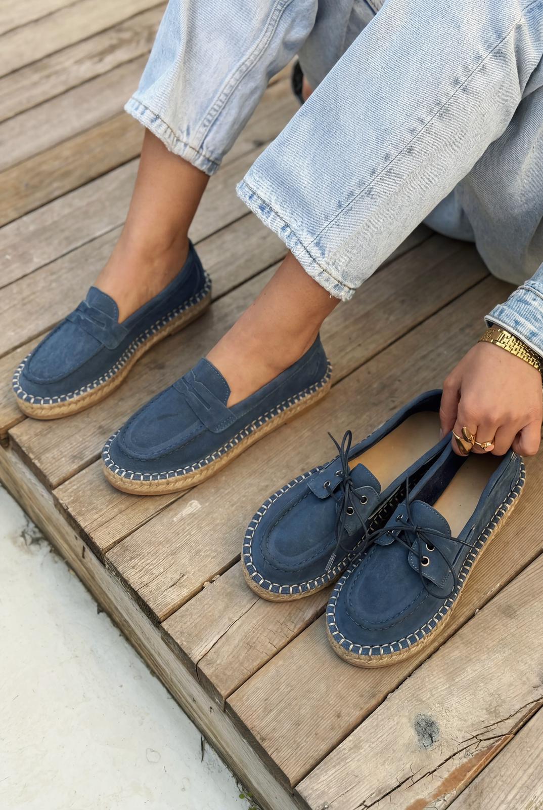 Celure Blue Genuine Suede Women's Espadrille Loafers