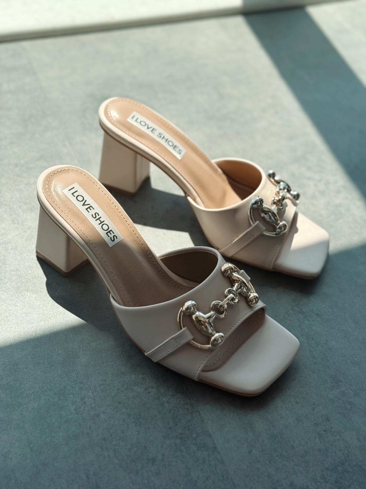 Sorey Beige Faux Leather Buckle Block Heel Mules