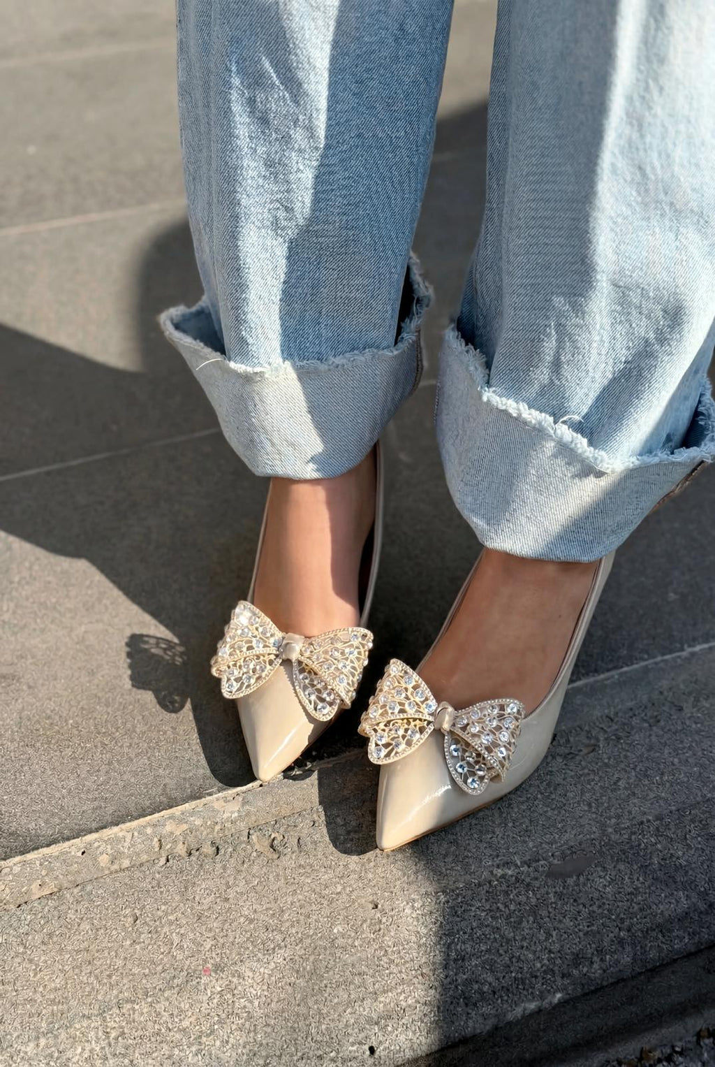 Sorexa Beige Patent Faux Leather Bow Detail Women's Stilettos