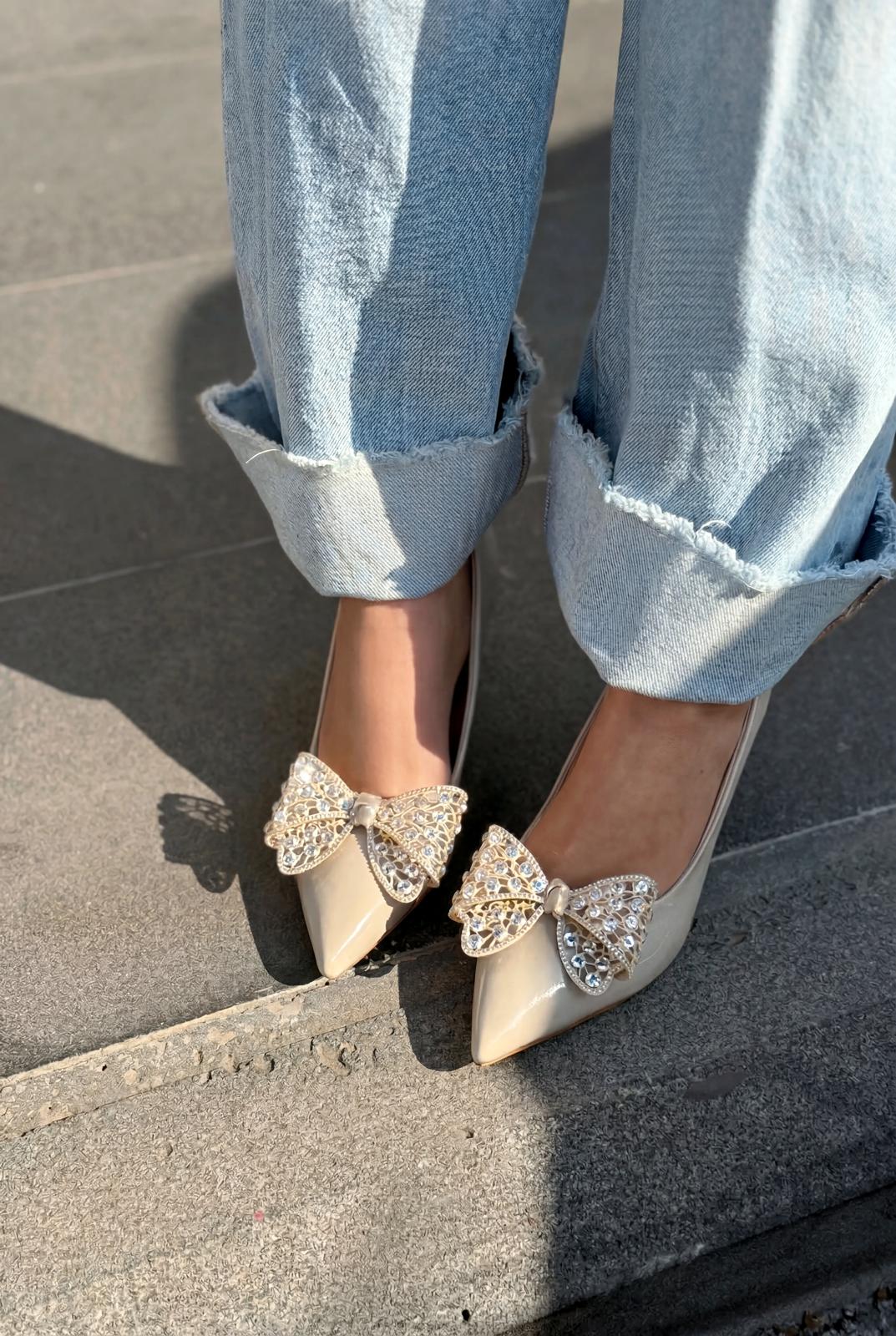 Sorexa Beige Patent Faux Leather Bow Detail Women's Stilettos