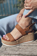 Santes Tan Faux Leather Wedge Pumps Women's Sandals