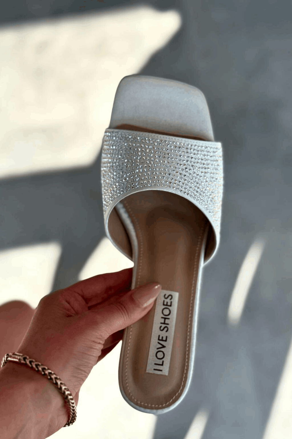 Norma Satin Silver Rhinestone Block Heel Mules