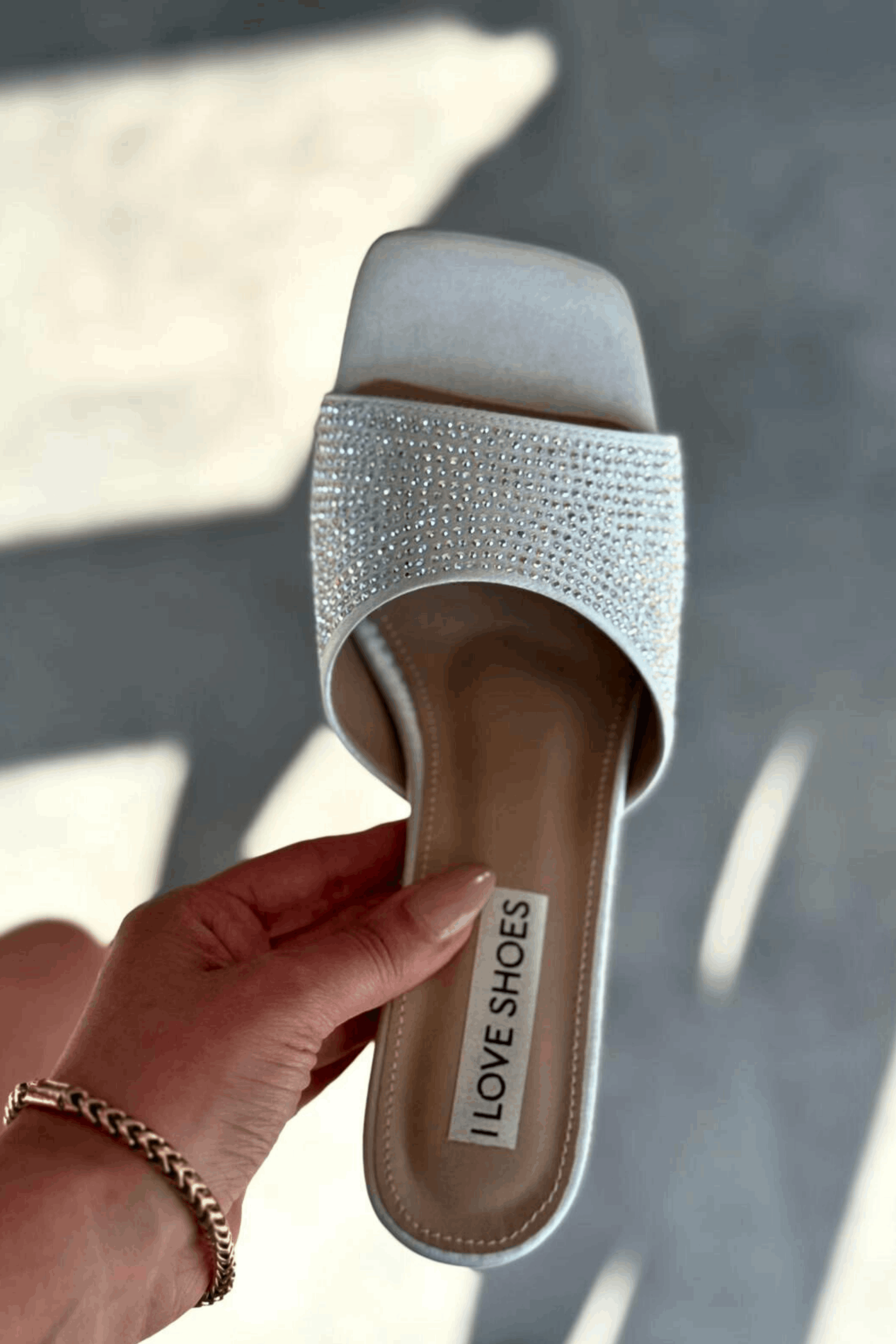 Norma Satin Silver Rhinestone Block Heel Mules