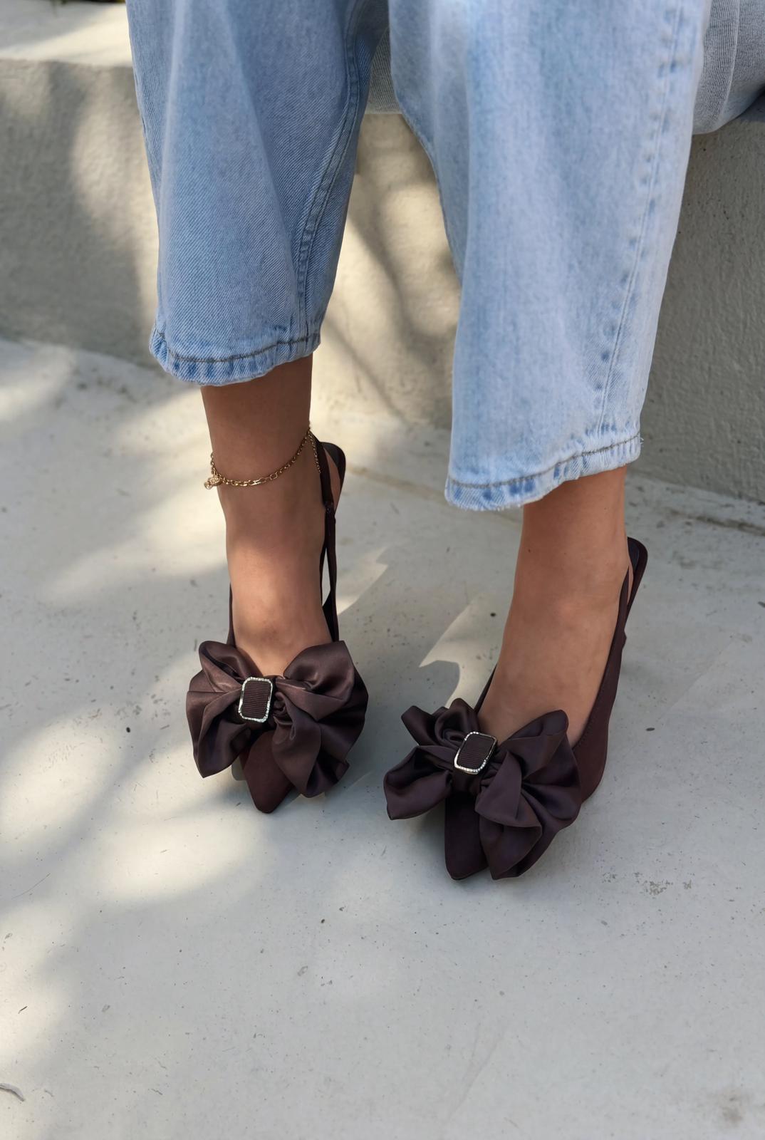 Velune Dark Brown Bow Satin Women's Stilettos