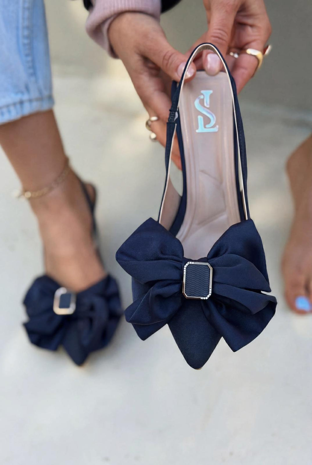 Velune Navy Bow Detail Satin Women's Stilettos