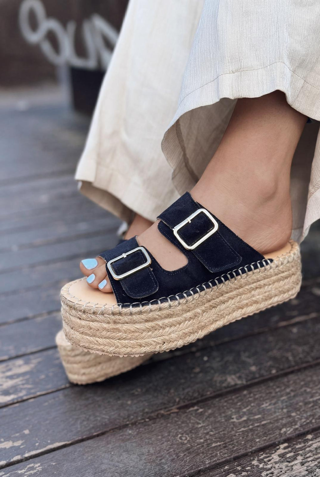 Serinel Navy Genuine Suede Women's Wedge Heel Mules