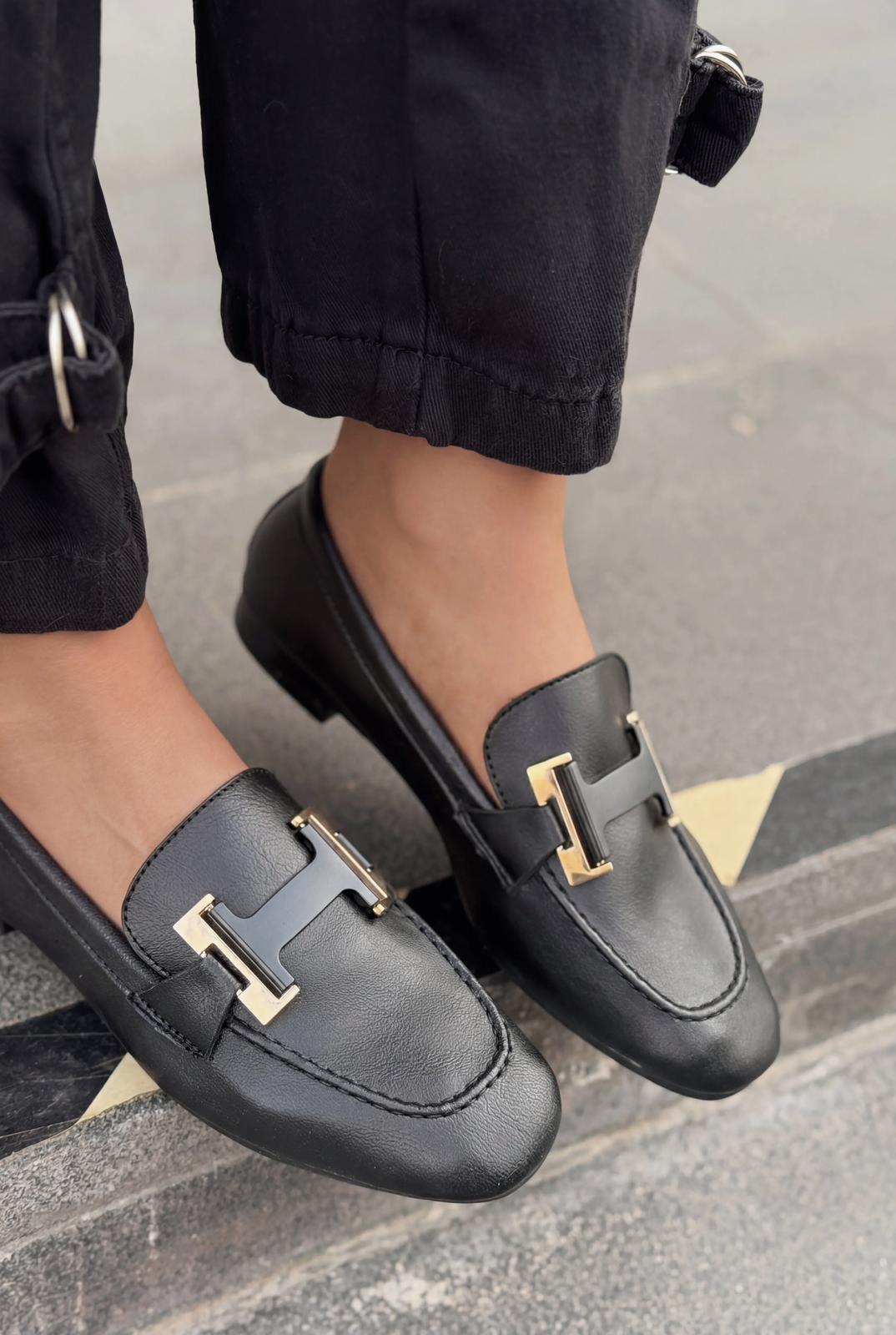 Elara Black Faux Leather Women's Loafers