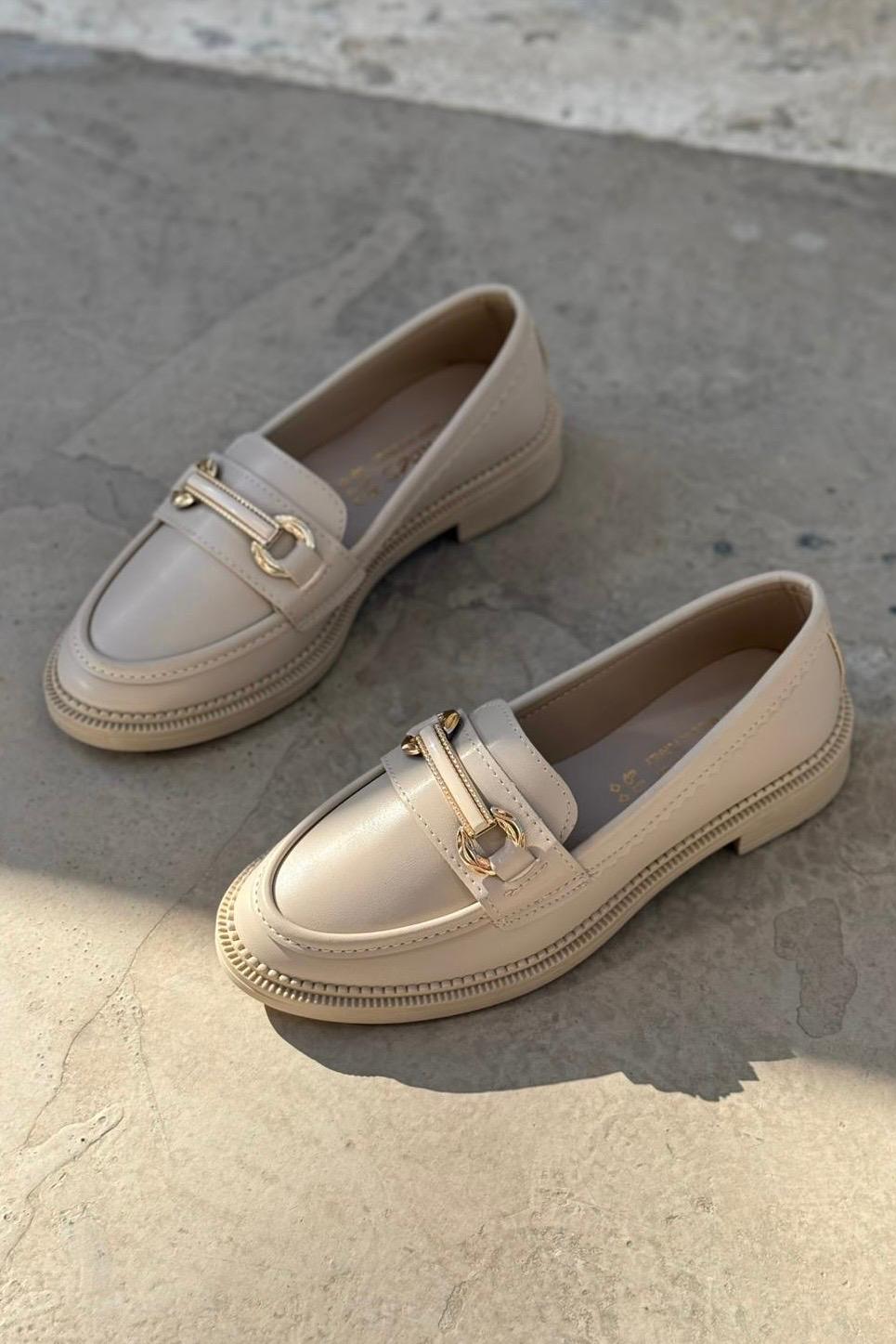 Duvra Beige Faux Leather Gold Buckle Detail Women's Loafers