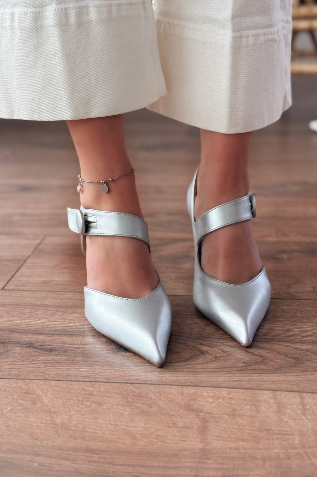 Wasord Silver Button Detail Faux Leather Women's Stilettos