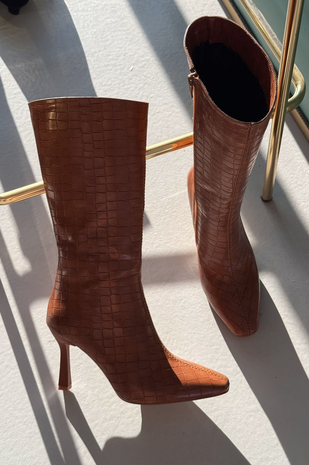 Jorani Faux Leather Embossed Tan High Heel Boots