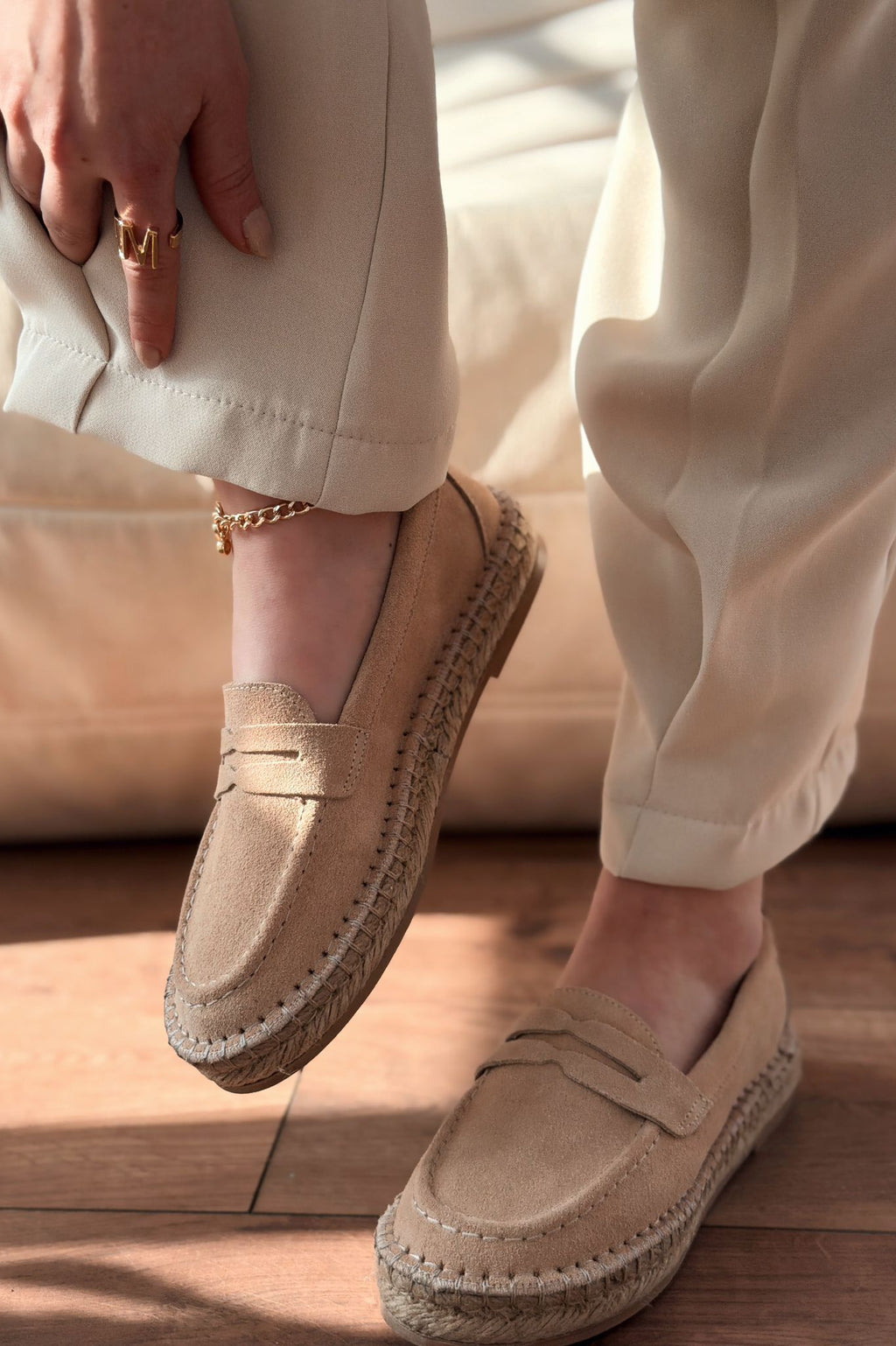 Celure Beige Genuine Suede Women's Espadrille Loafers