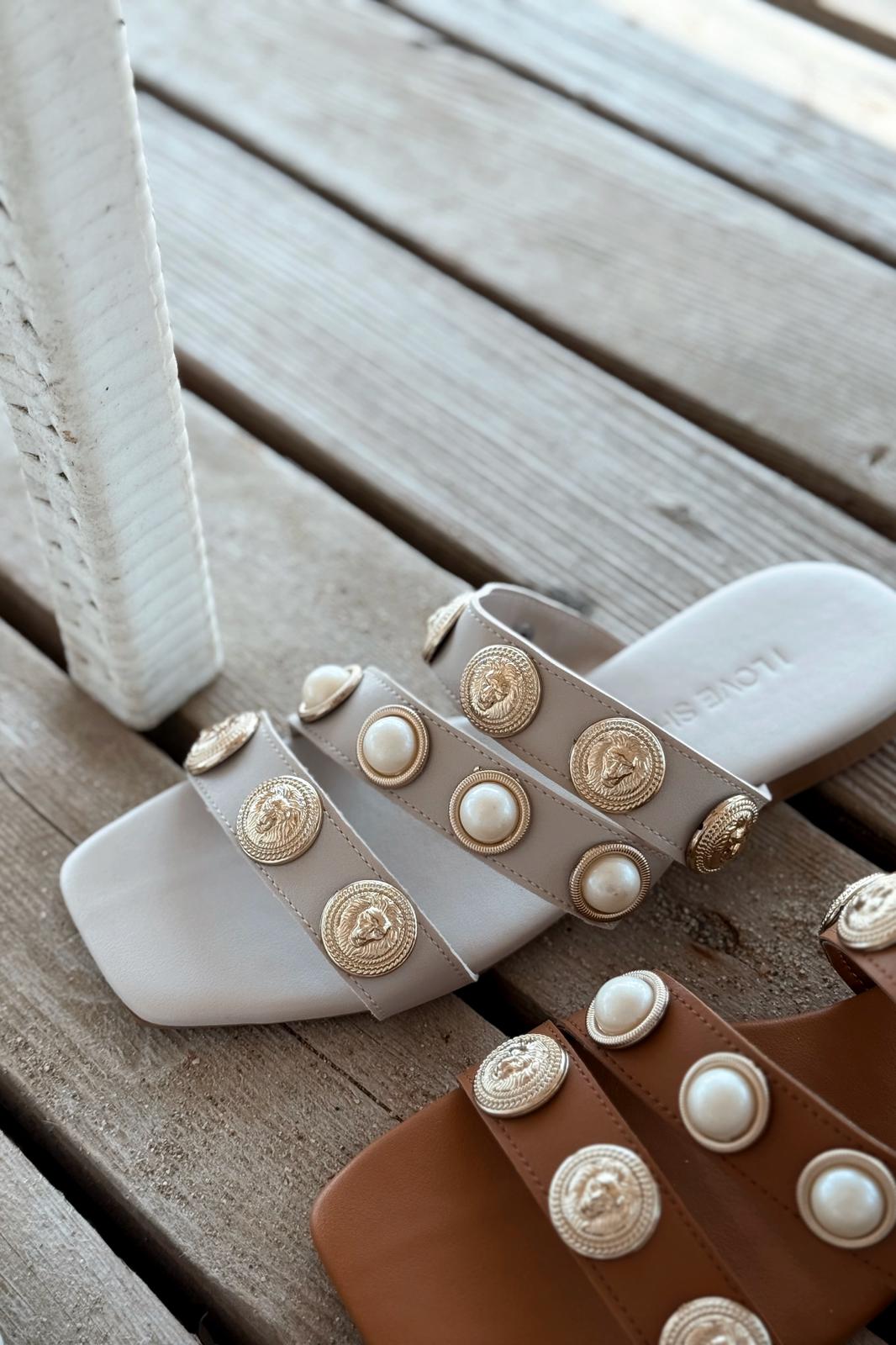 Ceylor Beige Faux Leather Buckle Detail Women's Slides