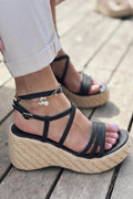 Forina Black Raffia Wedge Heel Women's Sandals