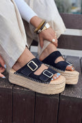 Serinel Navy Genuine Suede Women's Wedge Heel Mules