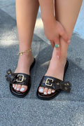 Samaris Light Brown Patent Faux Leather Buckle Detail Women's Slides