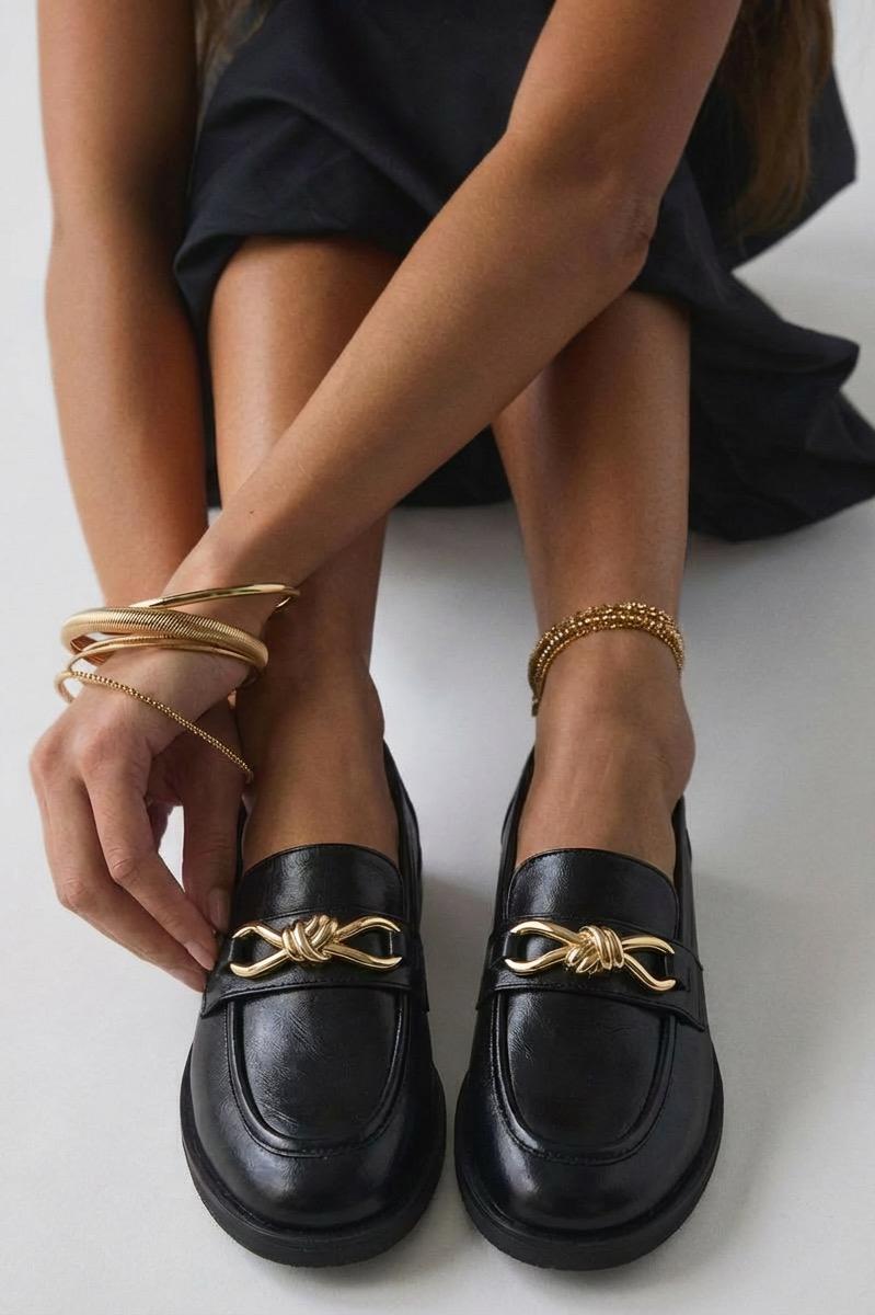 Norel Black Faux Leather Bow Detail Women's Loafers