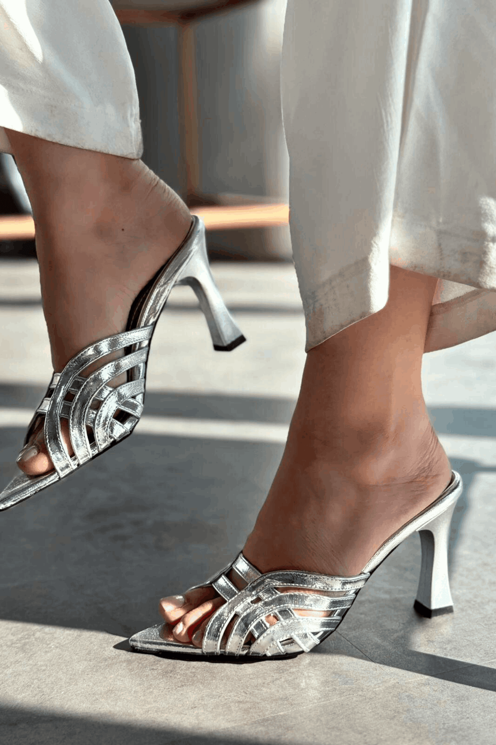 Lumon Silver Patent Faux Leather Strap Detail Pumps