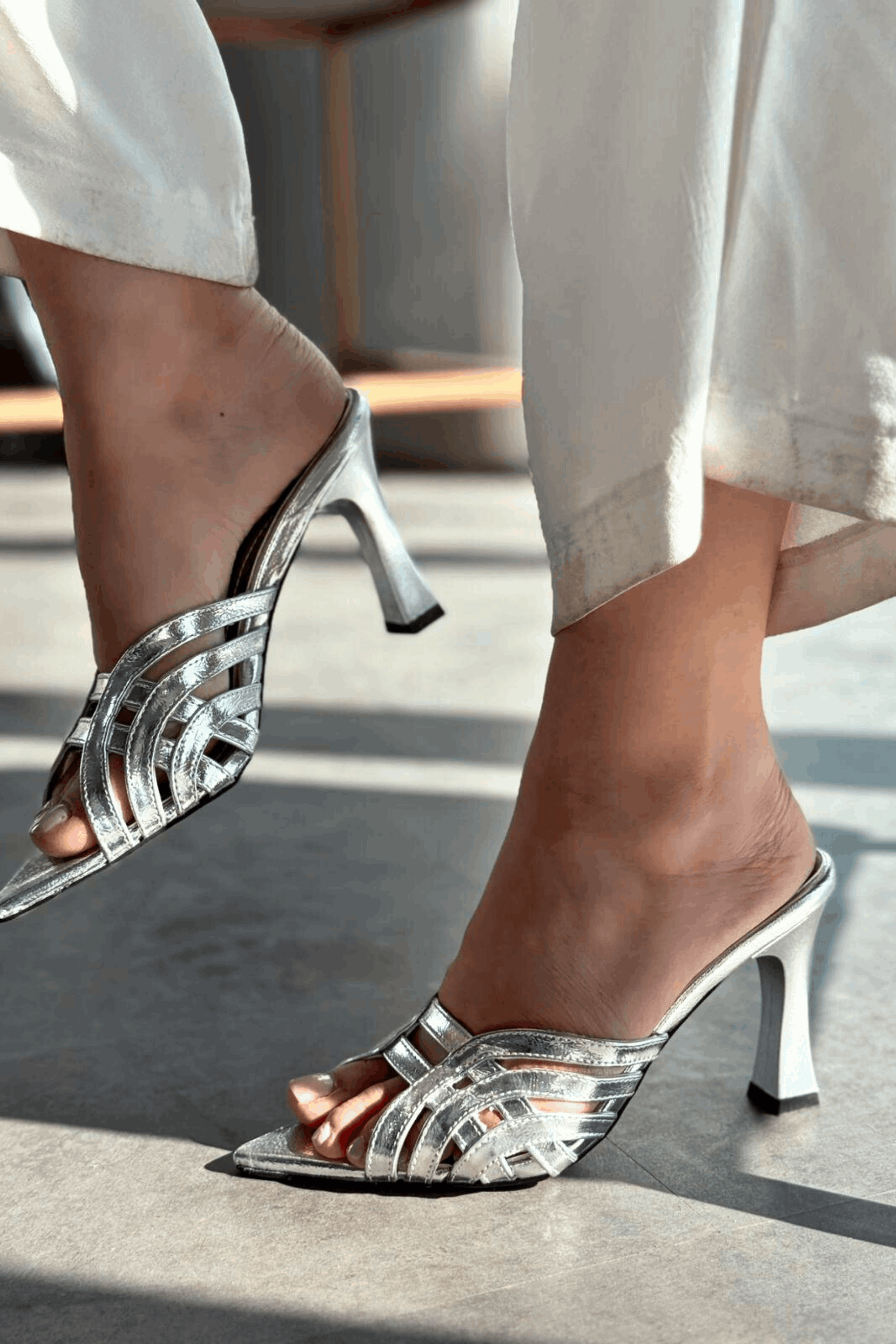 Lumon Silver Patent Faux Leather Strap Detail Pumps