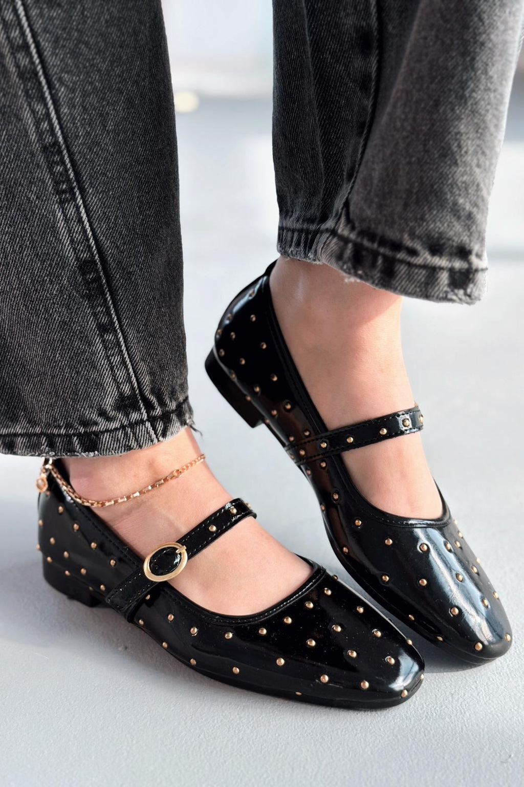 Lunessa Black Patent Faux Leather Studded Women's Flats