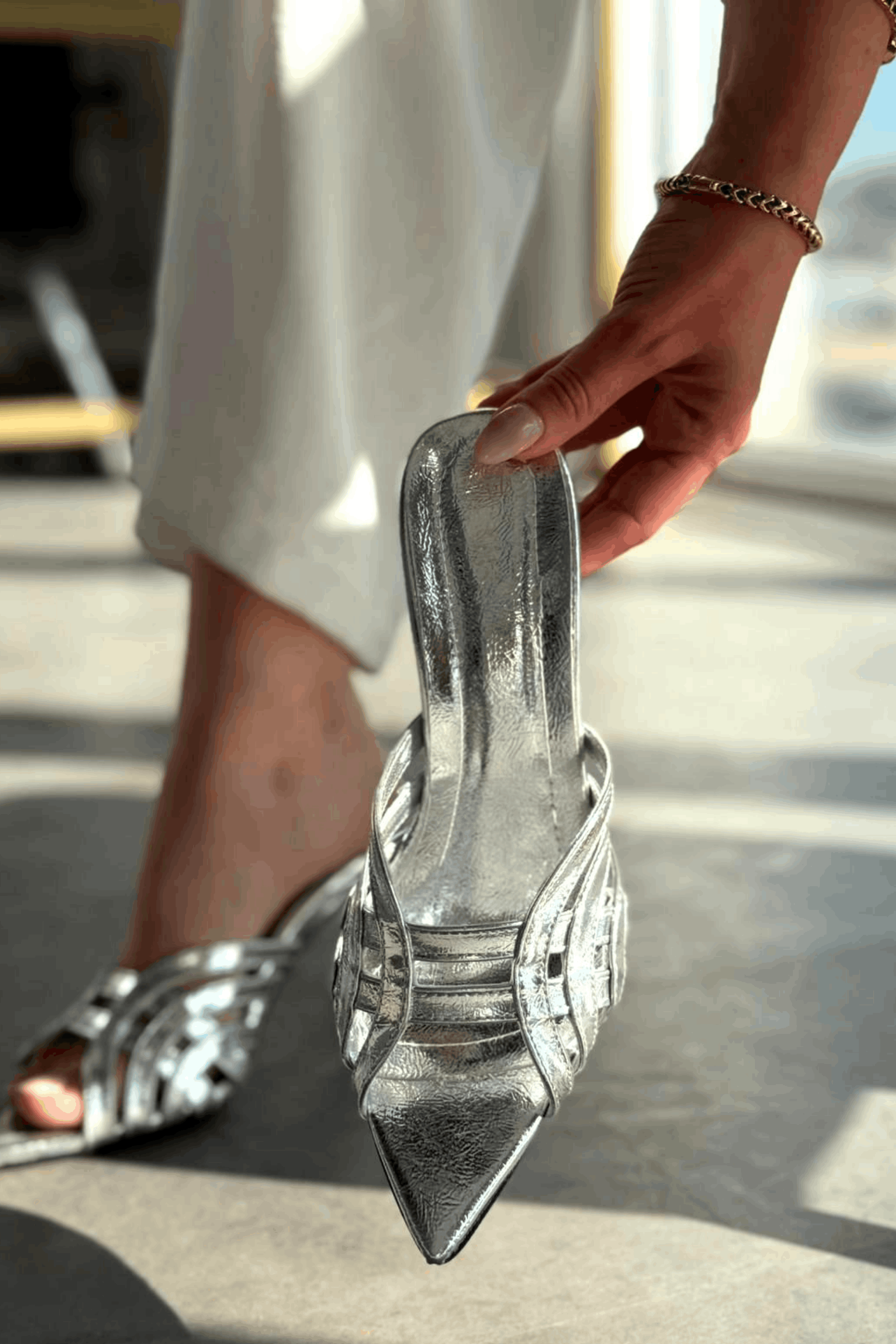 Lumon Silver Patent Faux Leather Strap Detail Pumps