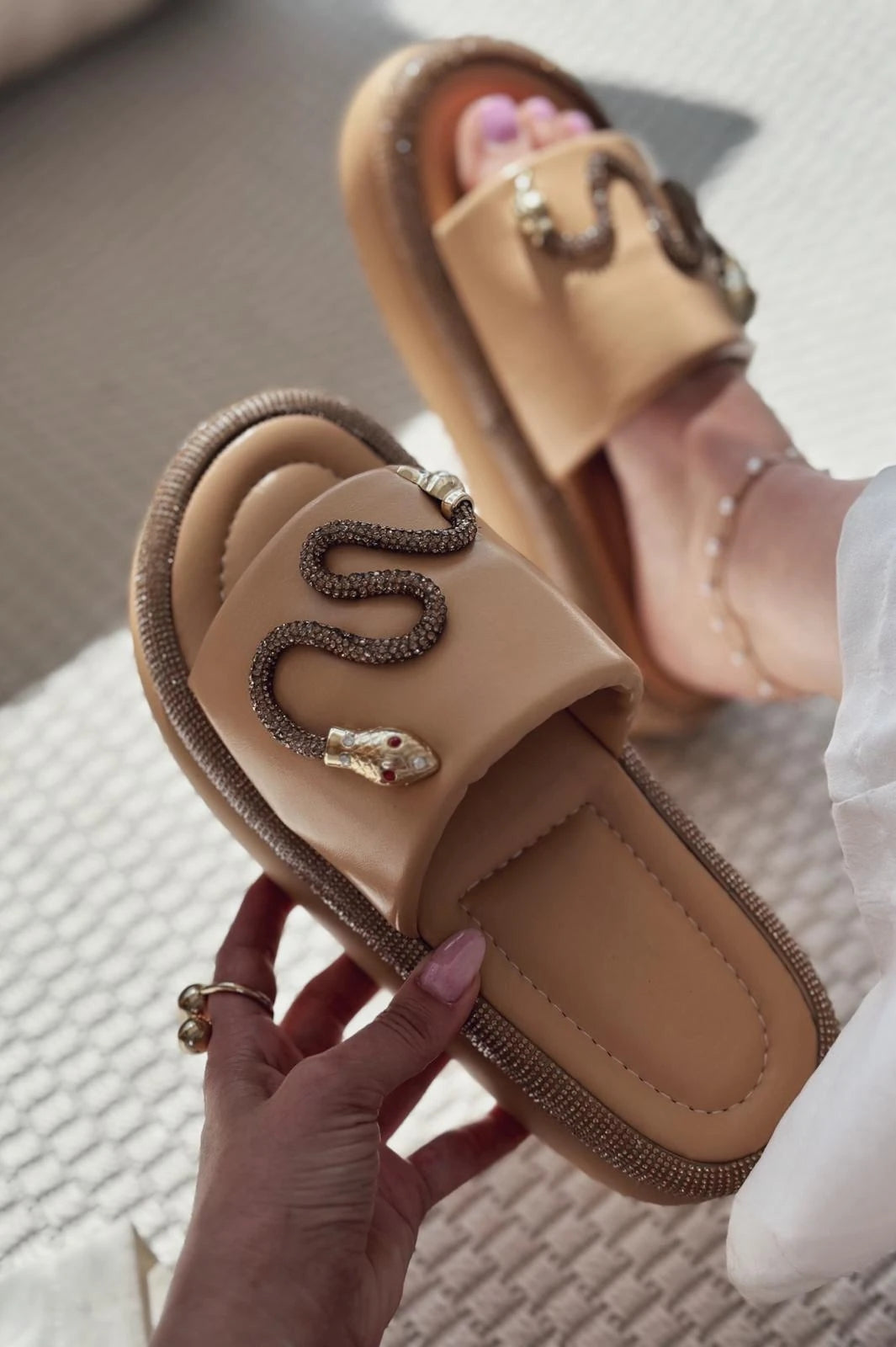 Nokest Nude Faux Leather Crystal Women's Slides