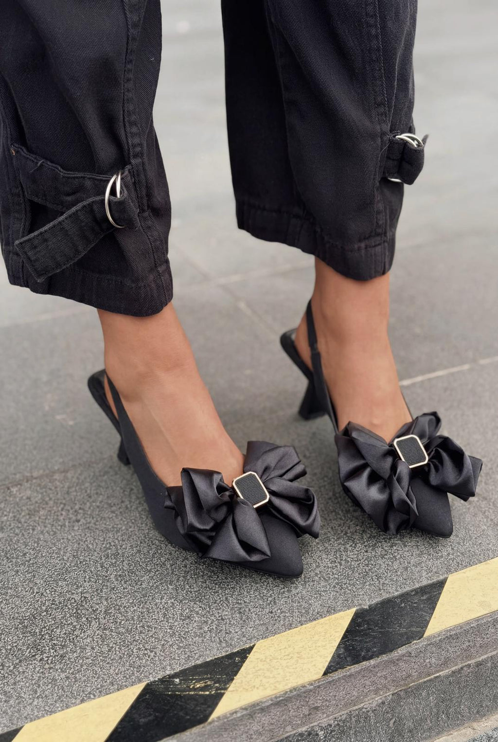Velune Black Bow Detail Satin Women's Stilettos