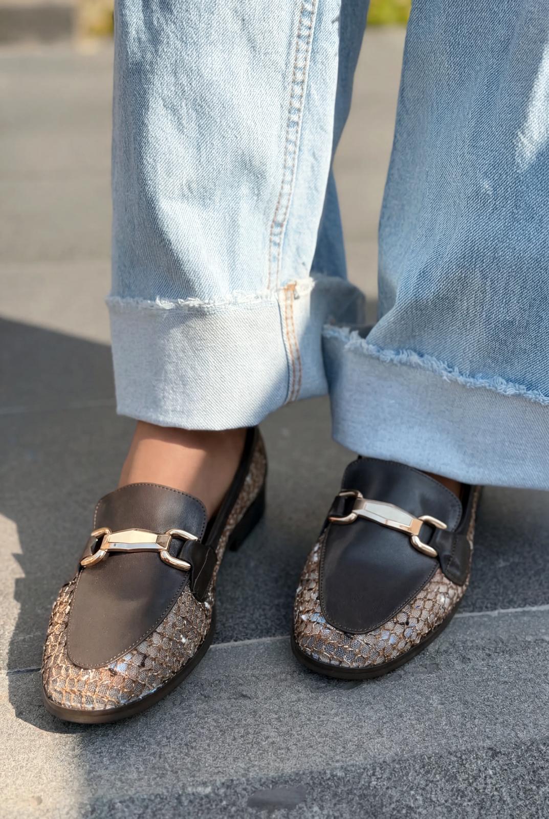 Delter Dark Brown Faux Leather Mesh Women's Loafers