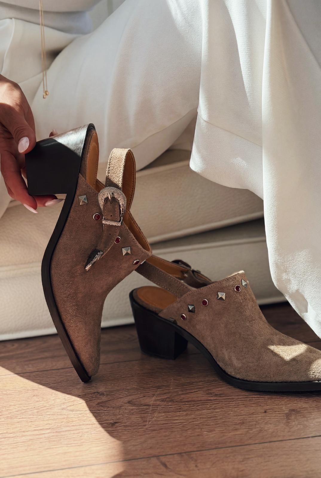 Velvorn Taupe Genuine Suede Women's Cowboy Heel Pumps