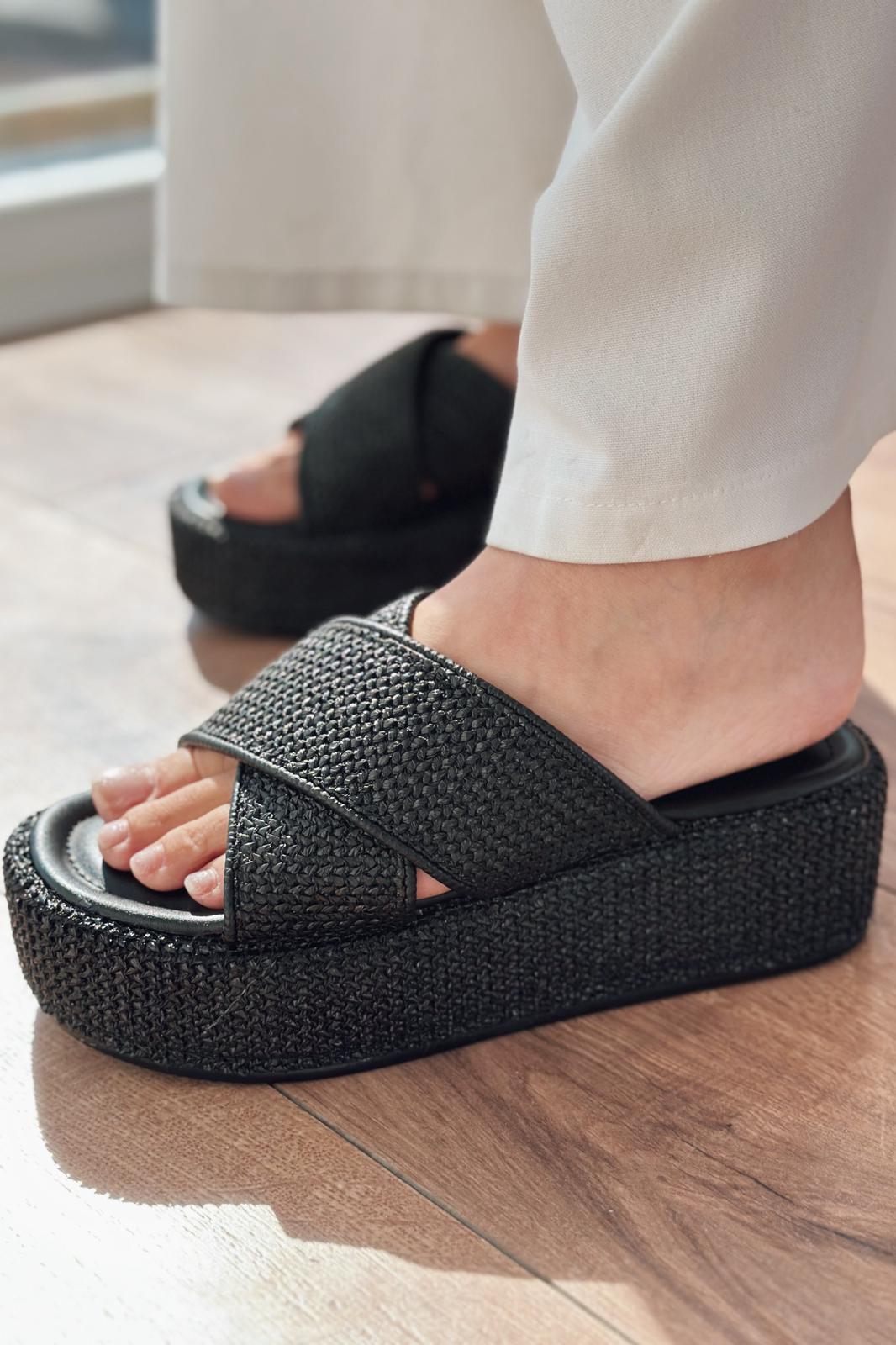 Redans Black Cross Strap Raffia Women's Slides