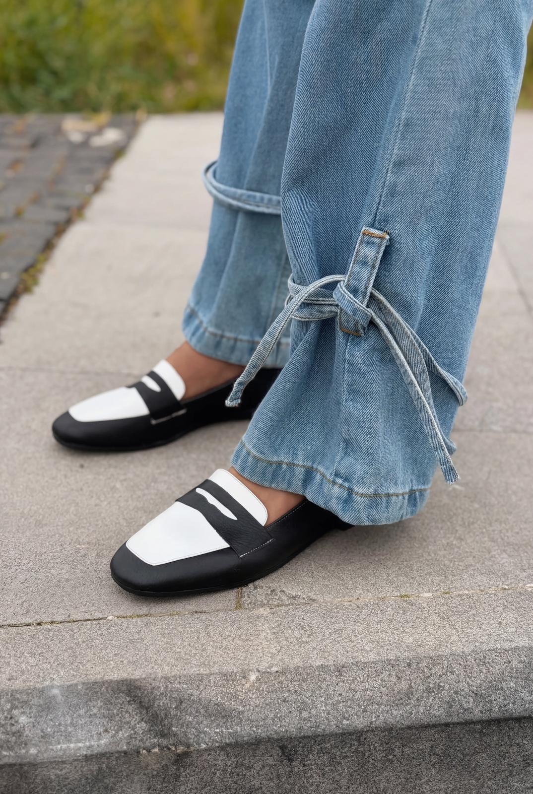 Melniel Black White Genuine Leather Women's Loafers