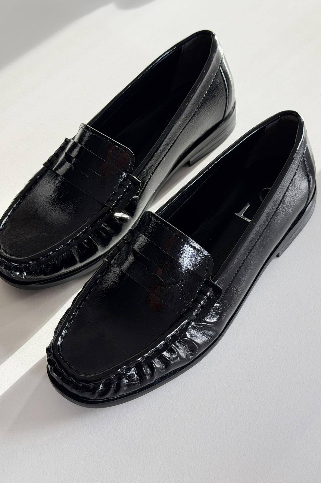Marcel Black Crinkled Patent Faux Leather Women's Loafers