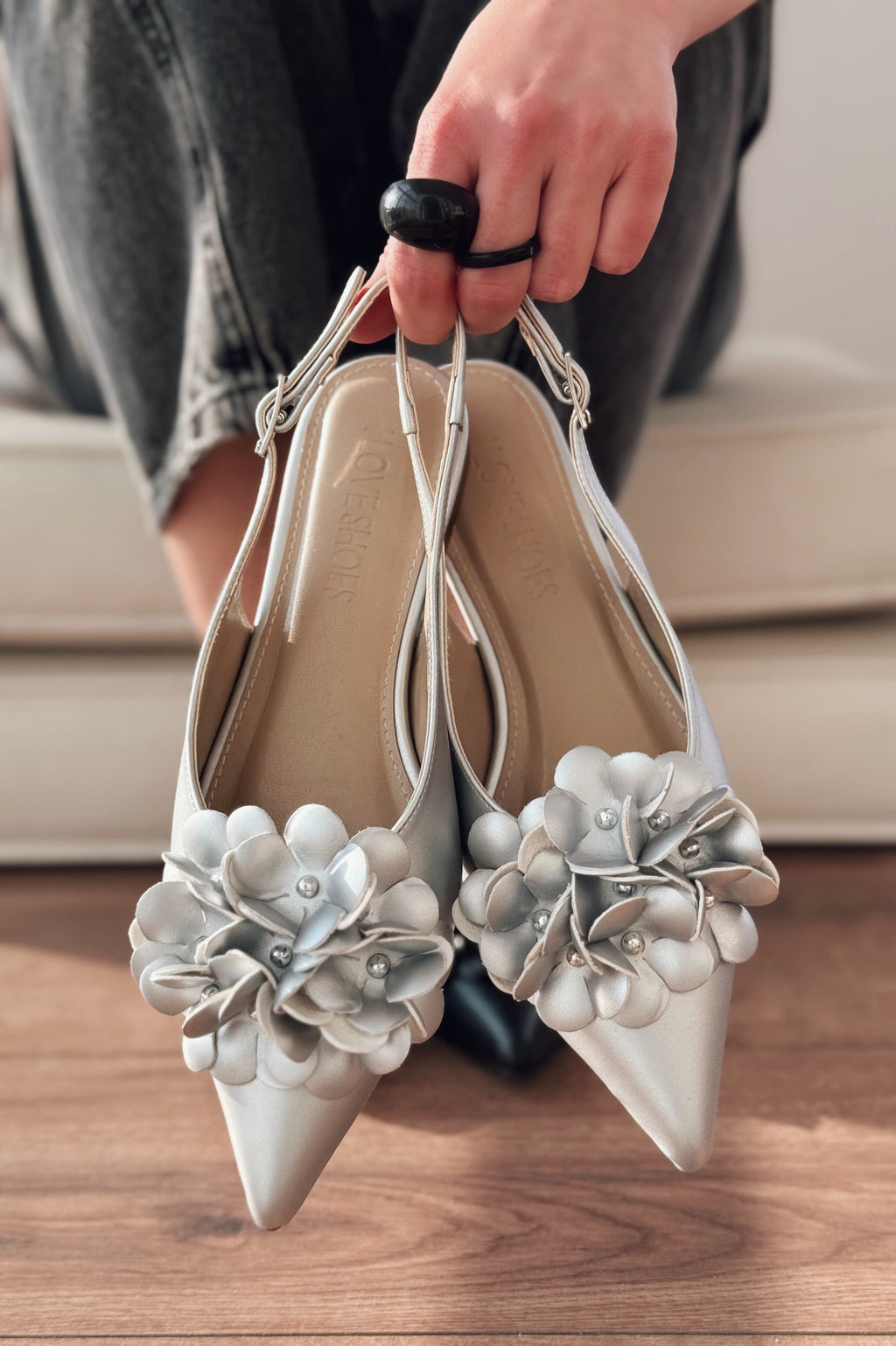Lavexso Silver Faux Leather Floral Detail Women's Flats