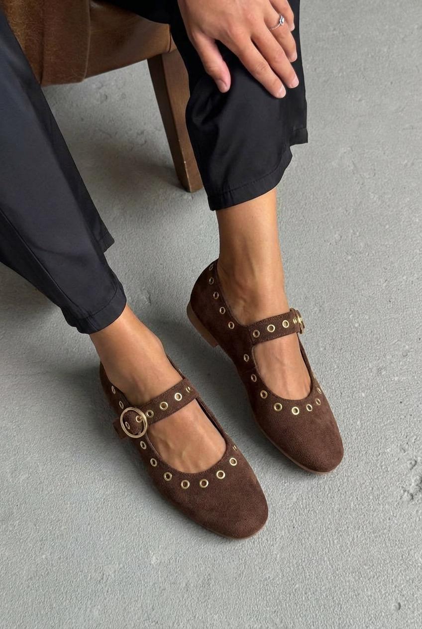 Dorin Dark Brown Suede Studded Women's Flats