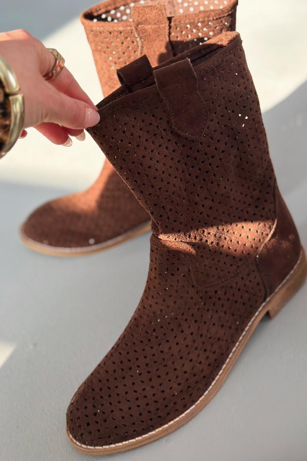 Meror Light Brown Suede Women's Perforated Summer Boots