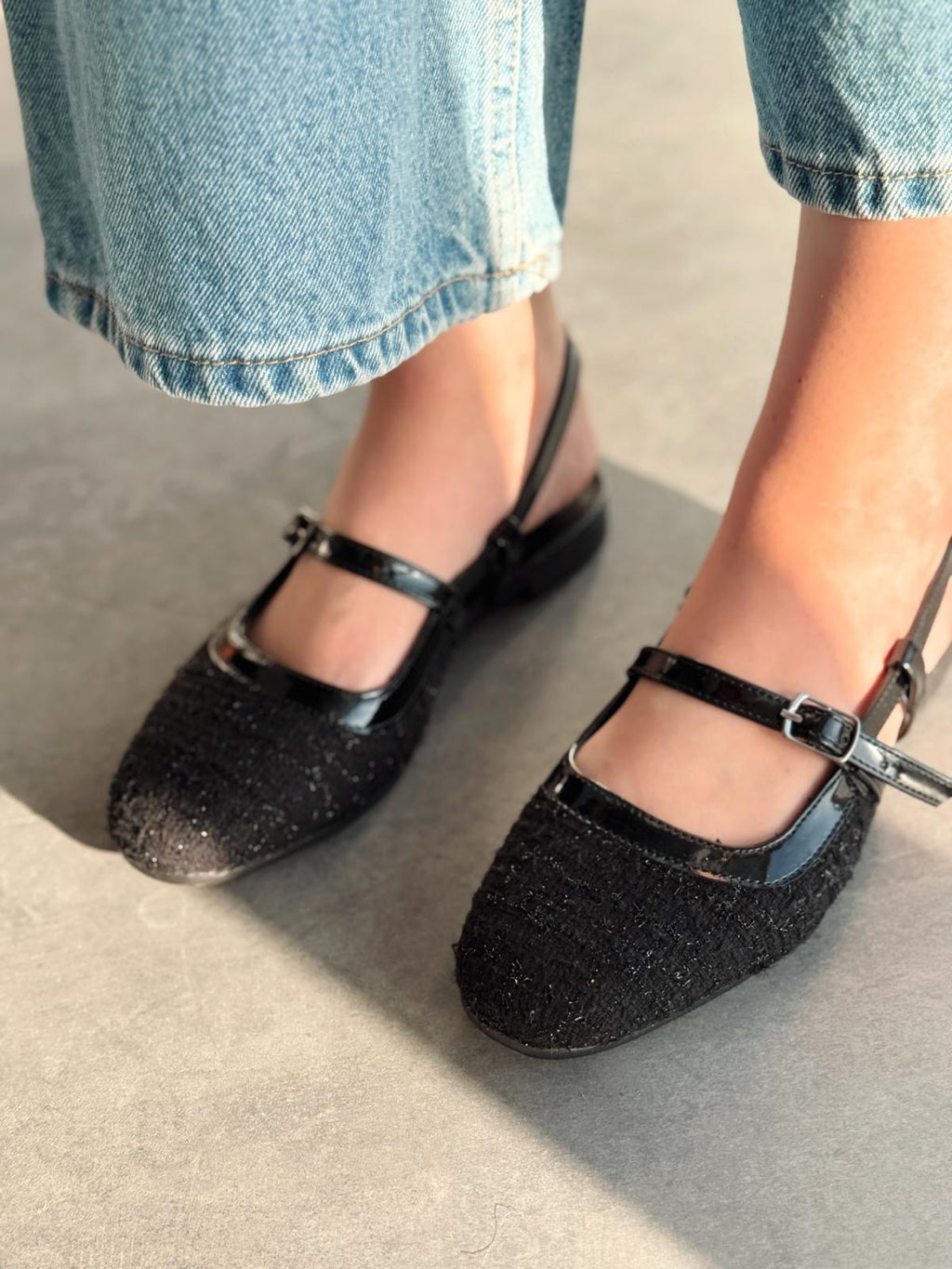 Minor Black Strap Detail Tweed Fabric Women's Mary Jane