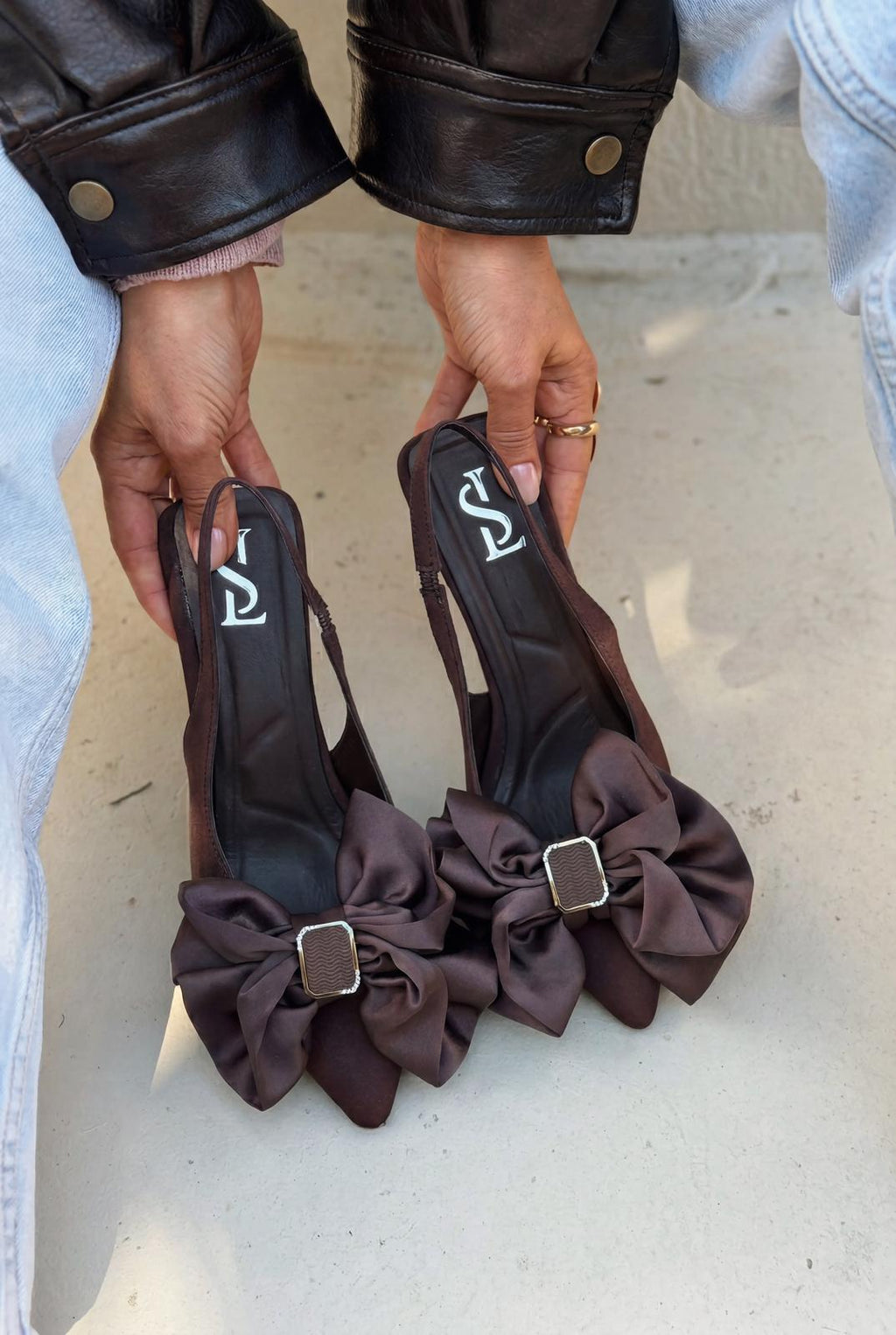 Velune Dark Brown Bow Satin Women's Stilettos