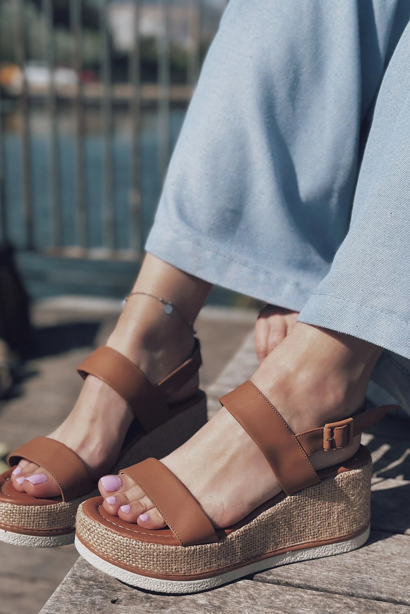 Santes Tan Faux Leather Wedge Pumps Women's Sandals