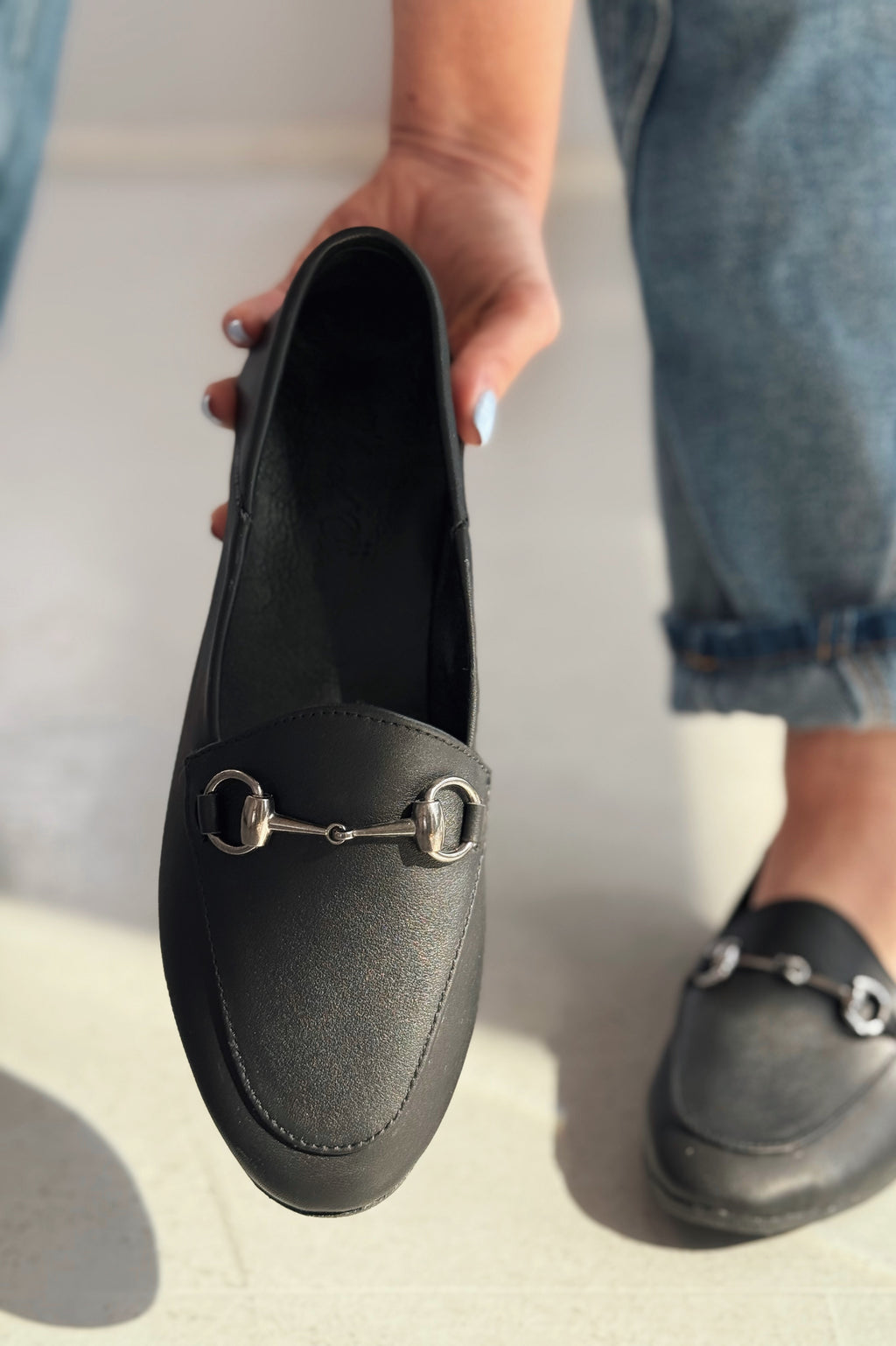 Palvora Black Genuine Leather Buckle Detail Women's Loafers