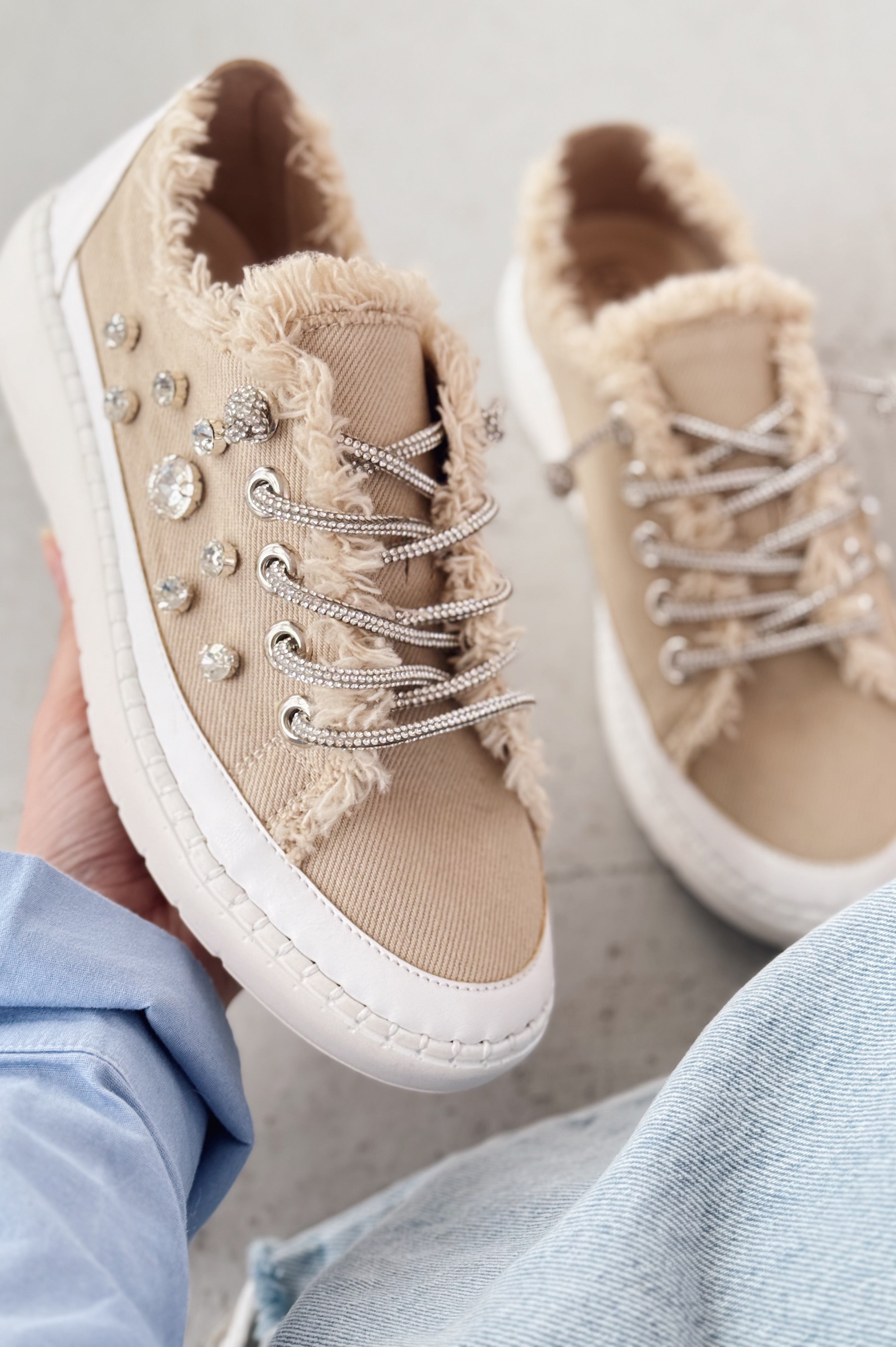 Monove Beige Jean Stone-Detailed Women's Sneakers