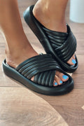 Zayten Black Faux Leather Cross Strap Women's Slides