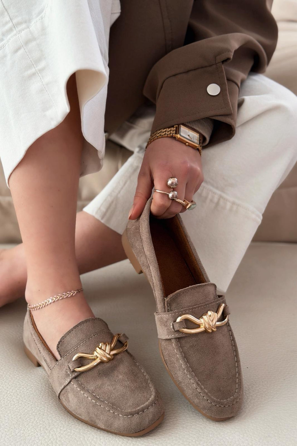 Avelis Taupe Suede Bow Detail Women's Loafers
