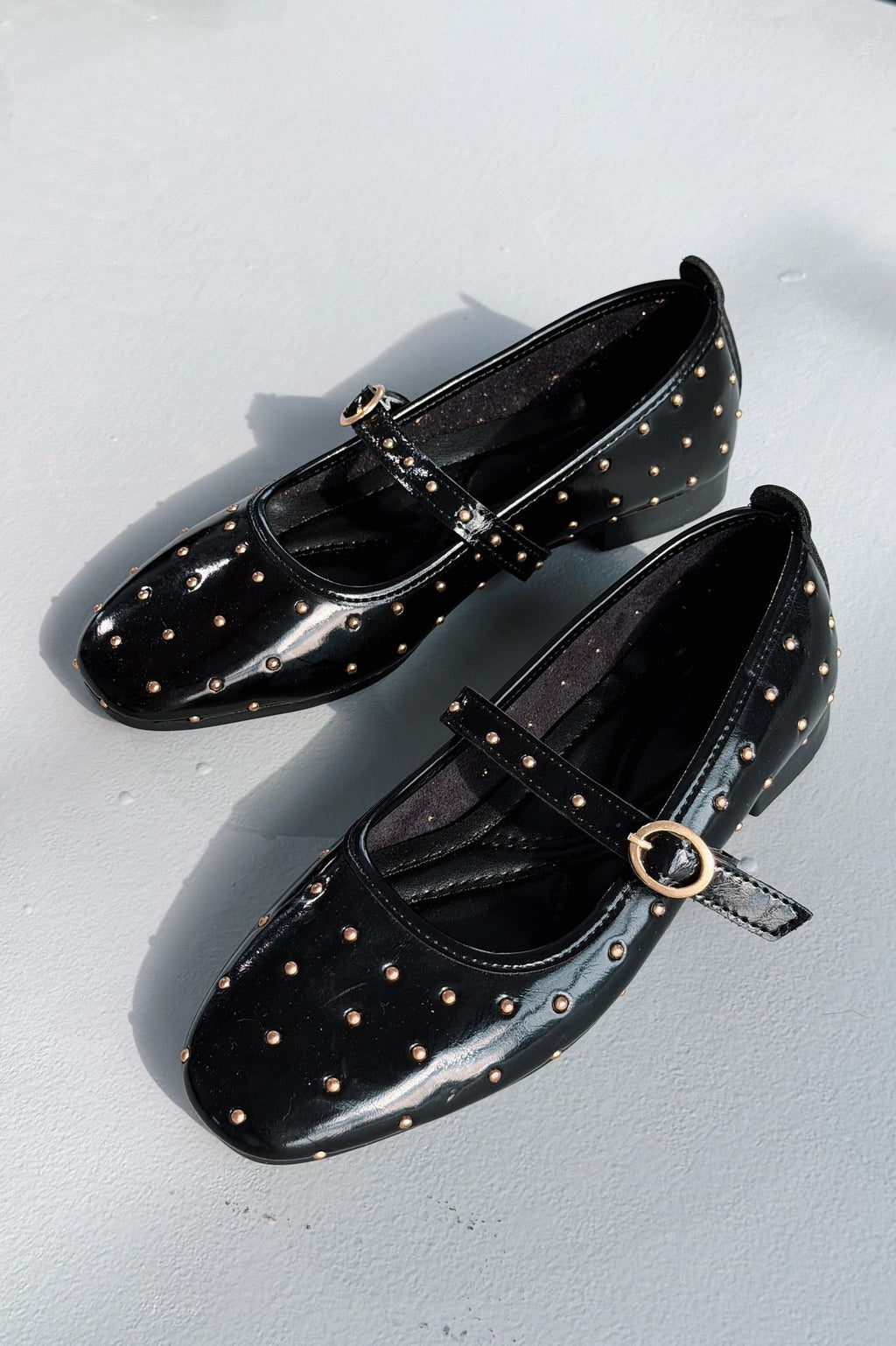 Lunessa Black Patent Faux Leather Studded Women's Flats