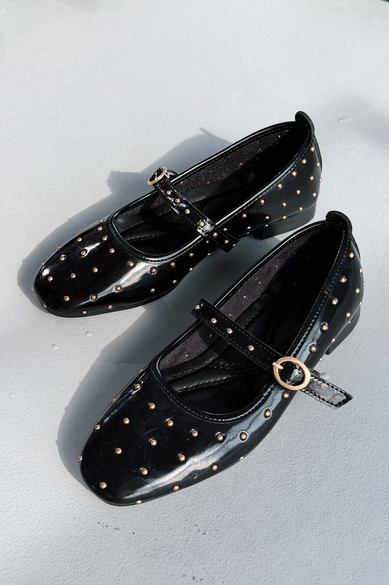 Lunessa Black Patent Faux Leather Studded Women's Flats