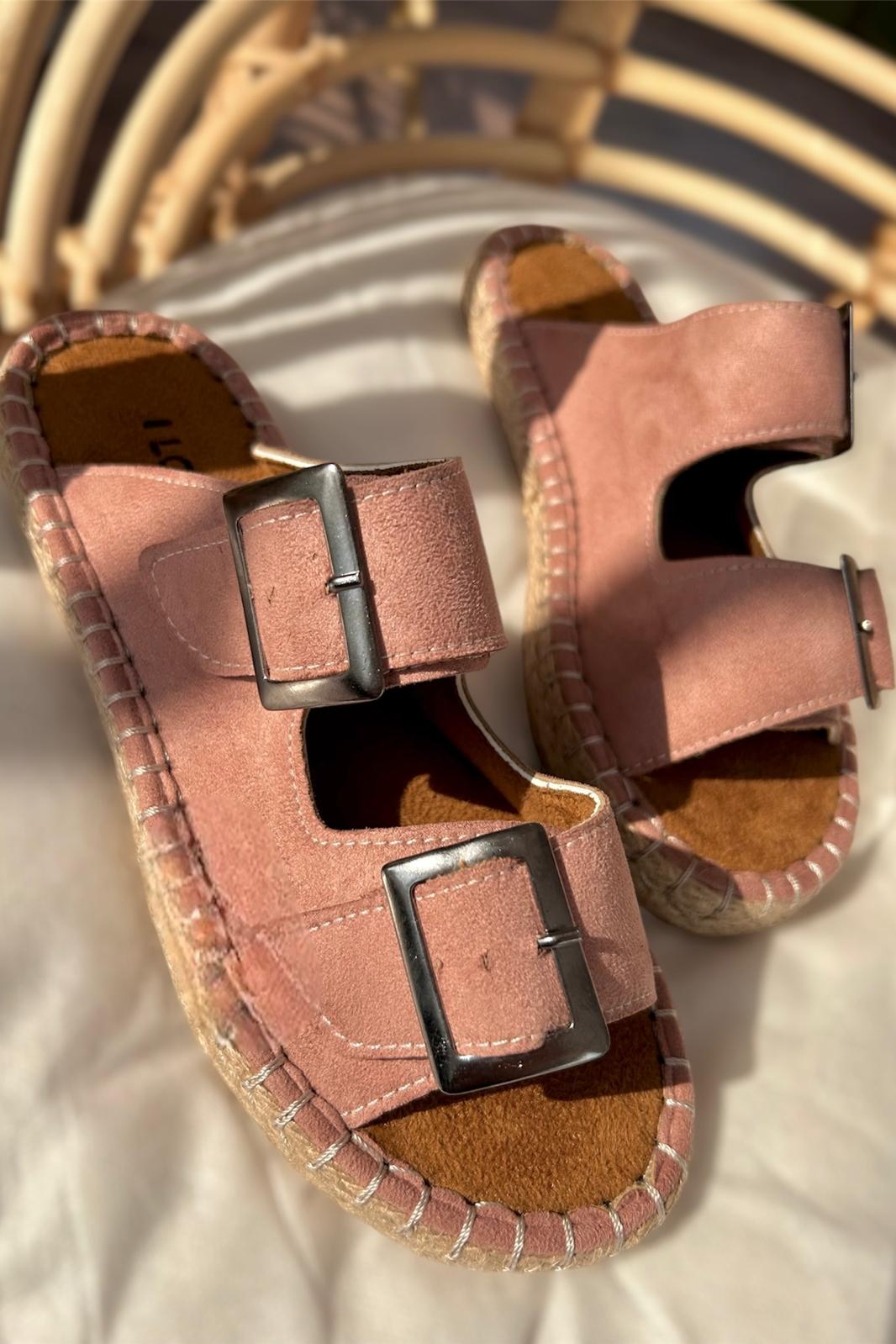 Paxseh Powder Pink Suede Buckle Detail Women's Slides
