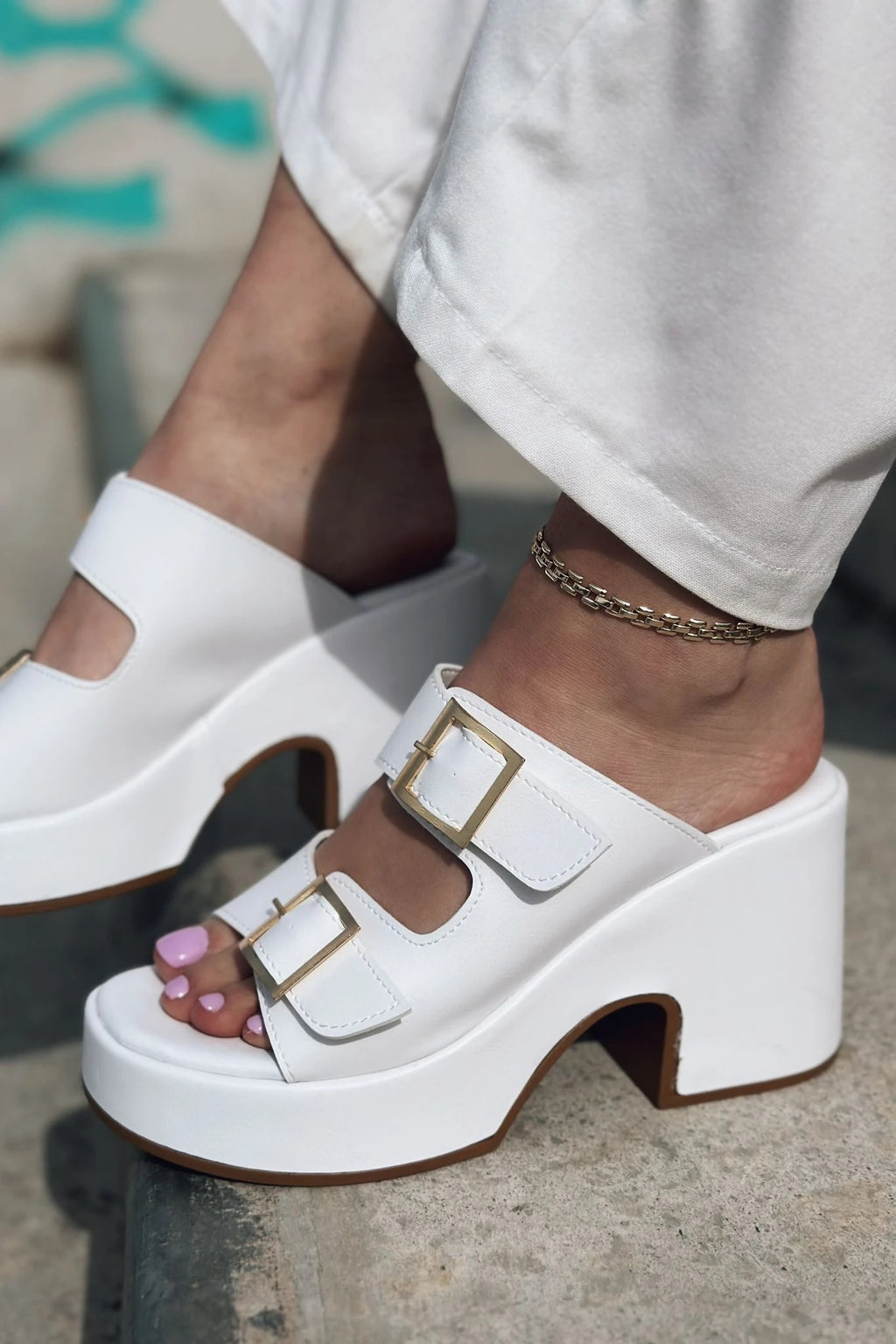 Livons White Faux Leather Platform Pumps Women's