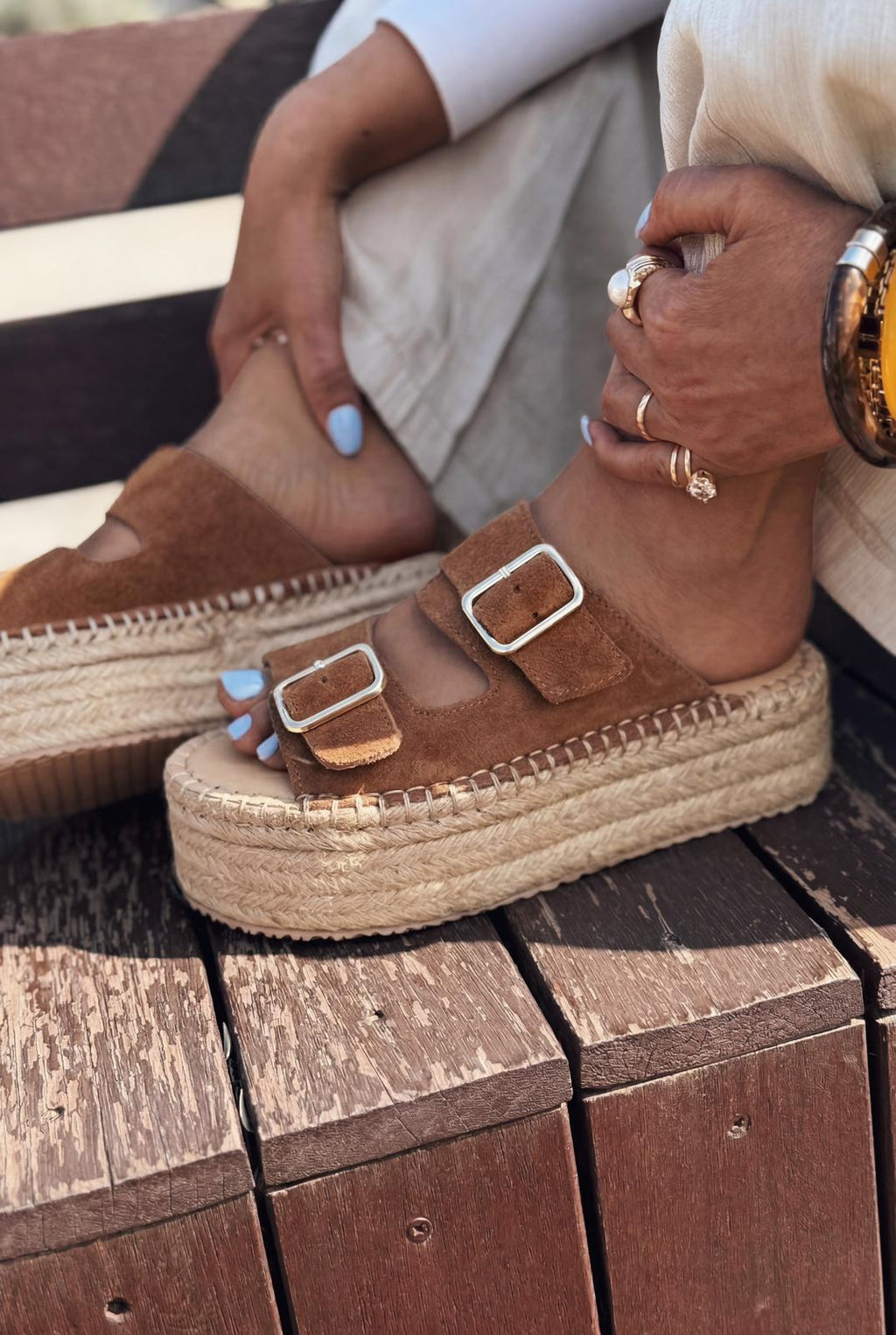 Serinel Tan Genuine Suede Women's Wedge Heel Mules