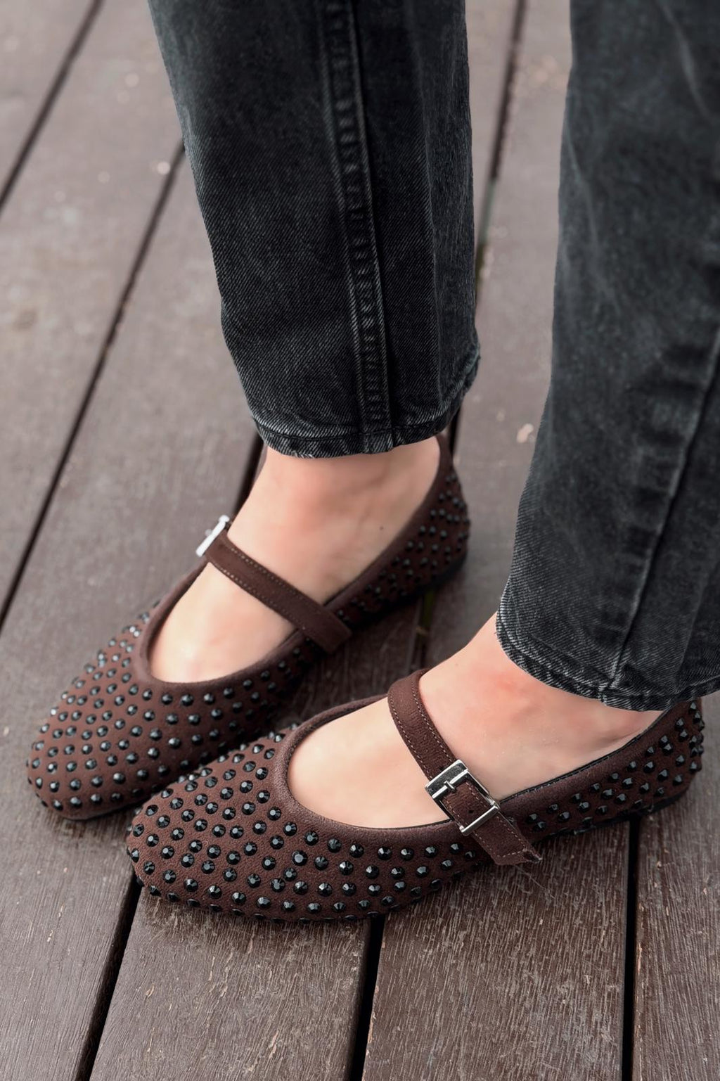 Orion Dark Brown Suede Stone Detail Women's Flats