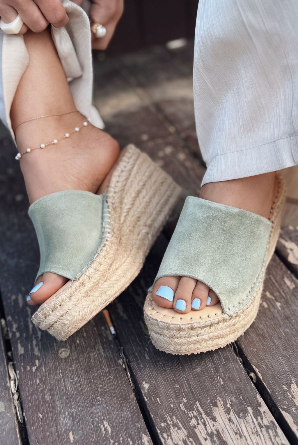 Lorver Green Genuine Suede Women's Wedge Heel Mules