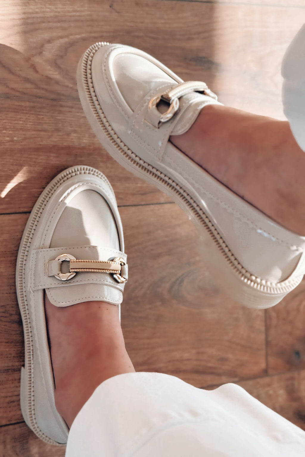 Duvra Beige Patent Faux Leather Gold Buckle Detail Women's Loafers
