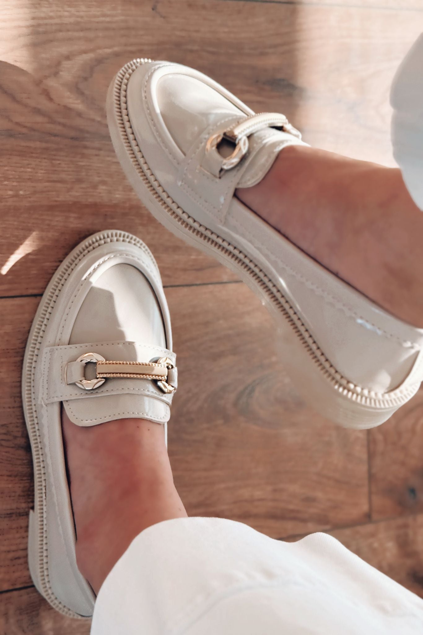 Duvra Beige Patent Faux Leather Gold Buckle Detail Women's Loafers